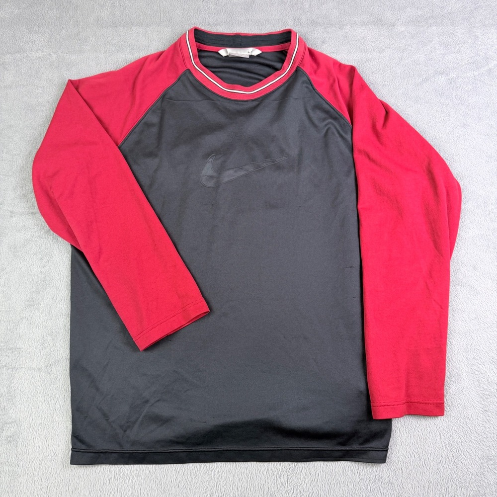 Nike Raglan Long Sleeve Shirt Grey Red Tonal Swoosh Y2K Sportswear Ringer Men XL